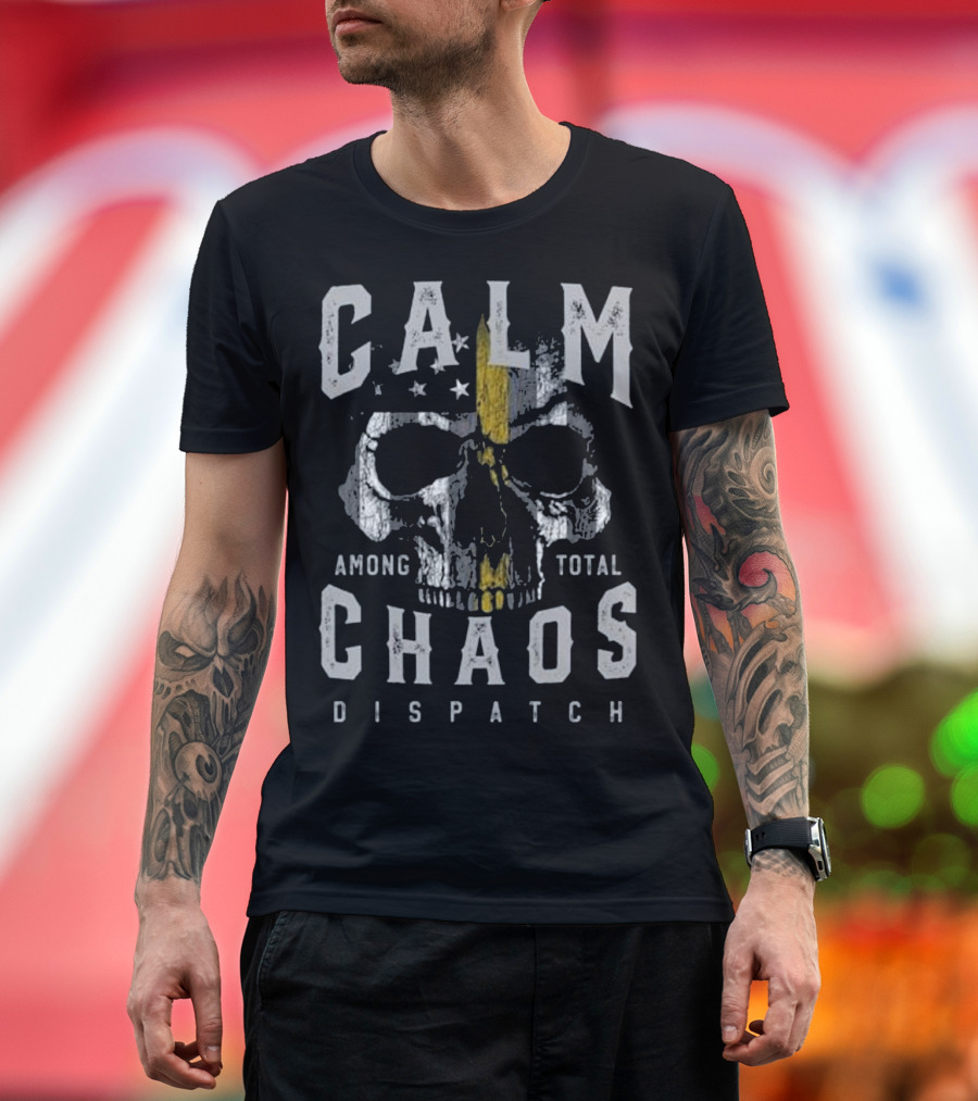 Calm Among Total Chaos Dispatch Thin Gold Line LEO Emergency Dispatcher T-Shirt