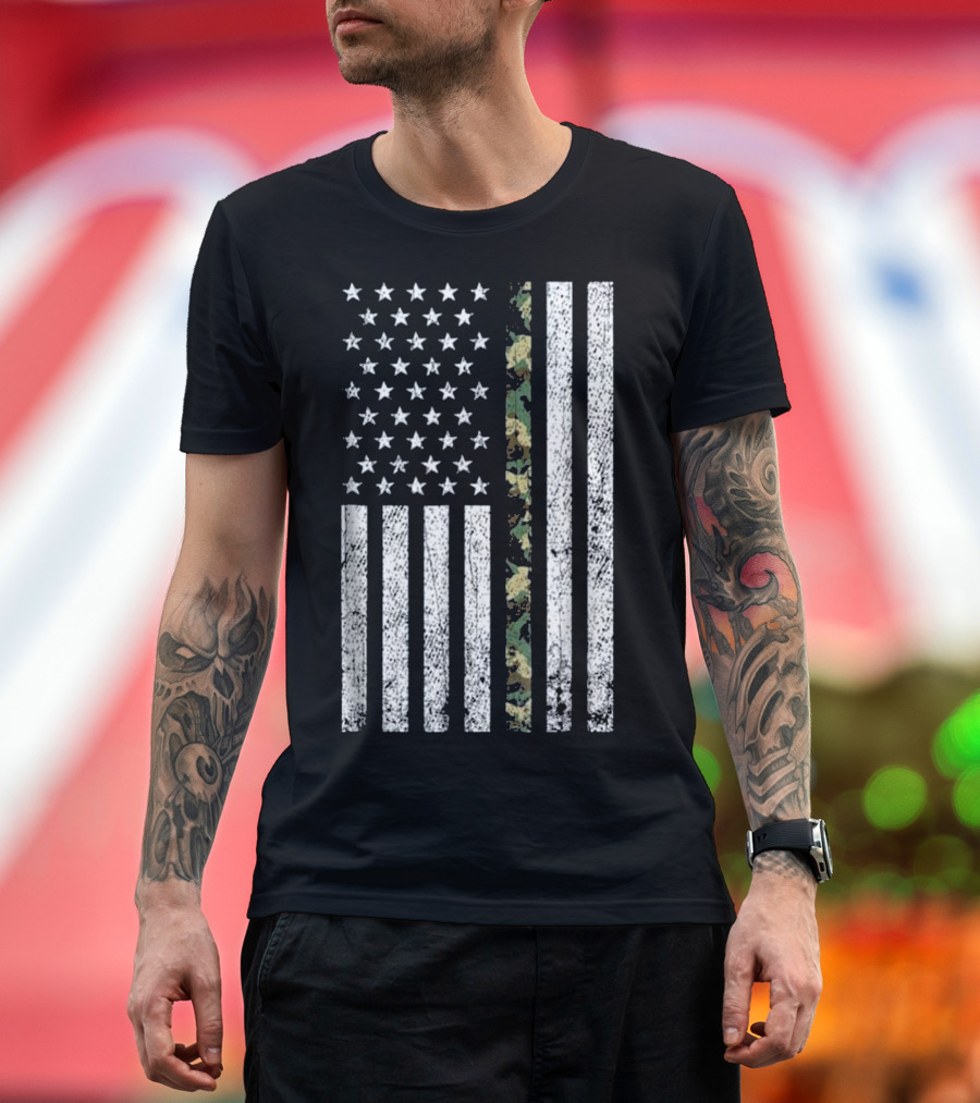 Thin Green Line Military Army Camo American Flag T-Shirt