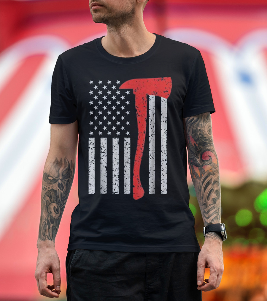 American Flag Axe Thin Red Line Firefighter T-Shirt