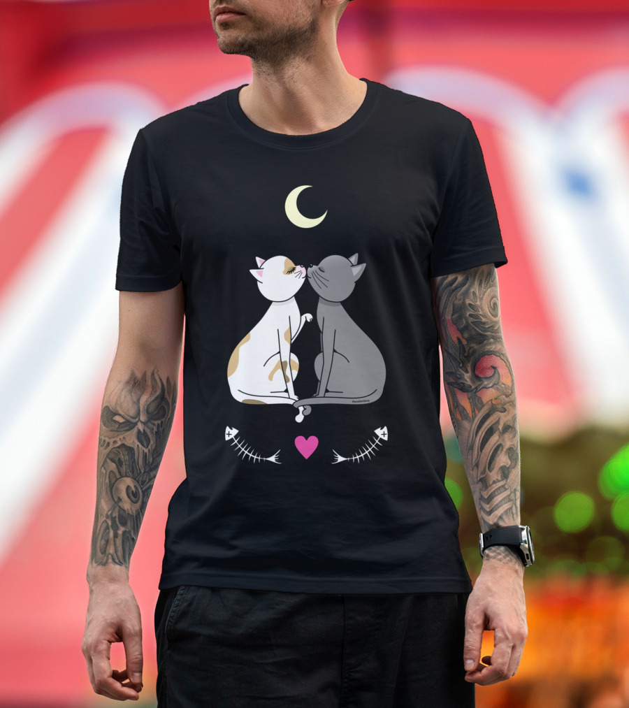 Cats In Love Kawaii Moon Heart Fishbone T-Shirt