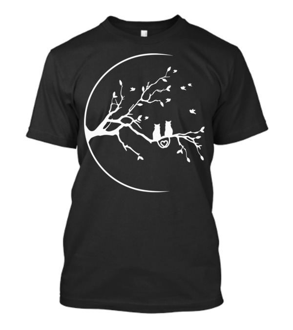 Cats On Tree Branch With Crescent Moon And Heart T-Shirt