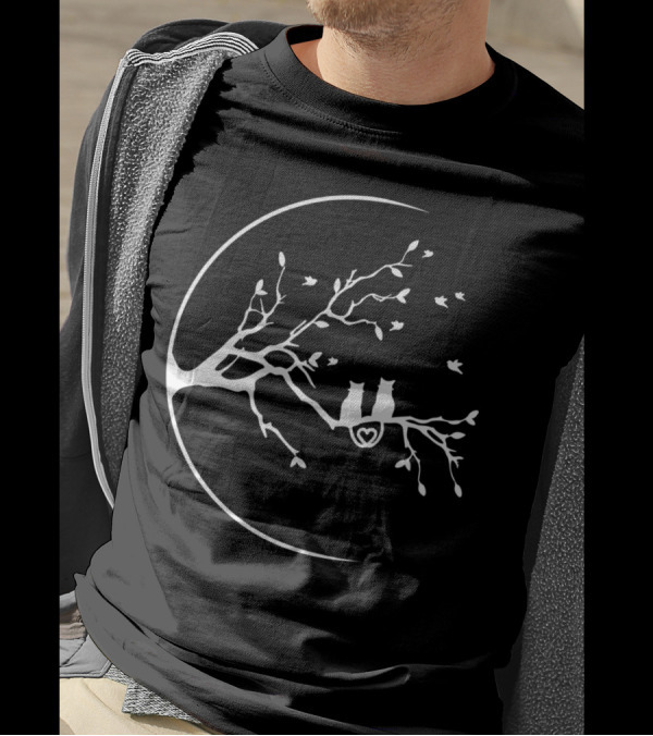 Cats On Tree Branch With Crescent Moon And Heart T-Shirt