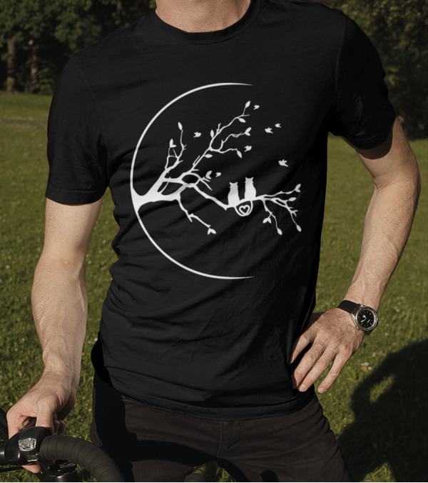 Cats On Tree Branch With Crescent Moon And Heart T-Shirt