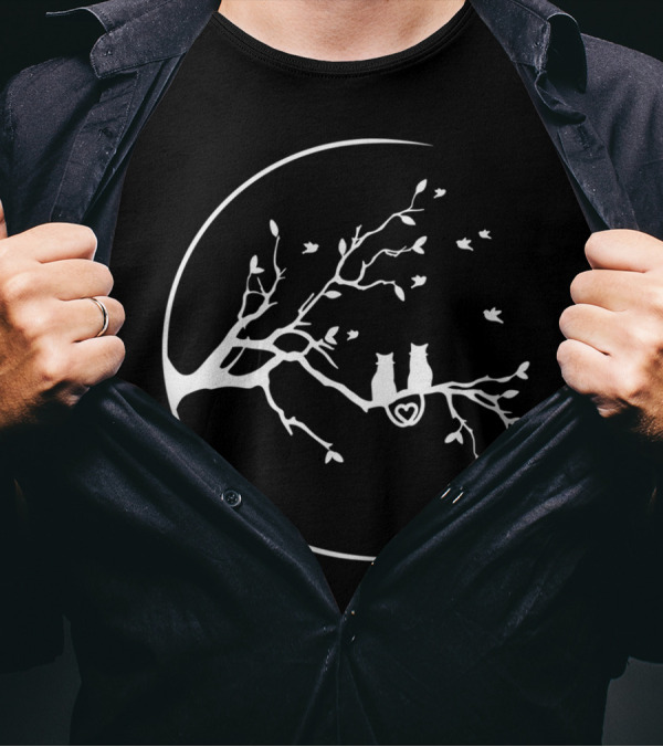 Cats On Tree Branch With Crescent Moon And Heart T-Shirt