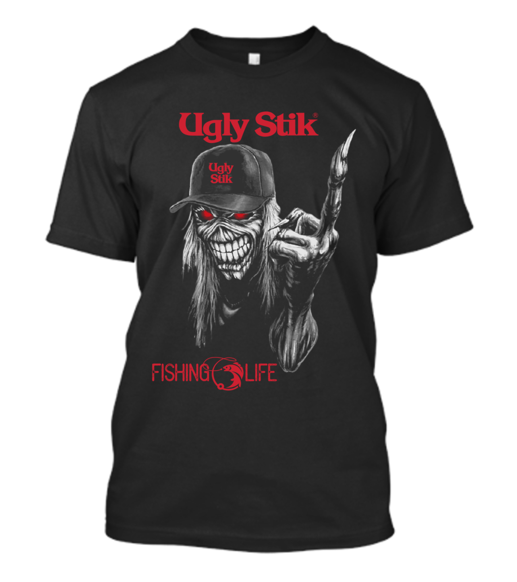 Ugly Stik Fishing Life Skeleton With Cap And Red Eyes T-Shirt
