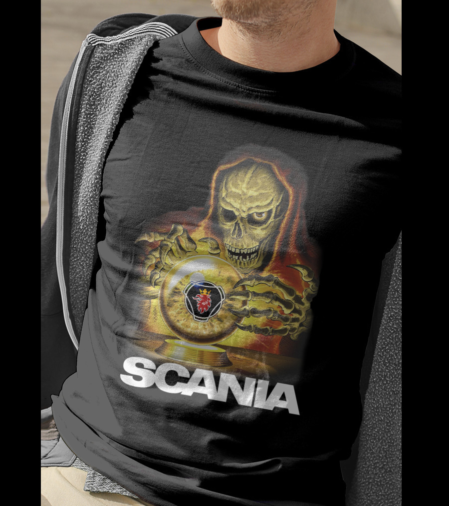 SCANIA Skeleton Hooded Figure With Crystal Ball And Red Lion Emblem T-Shirt