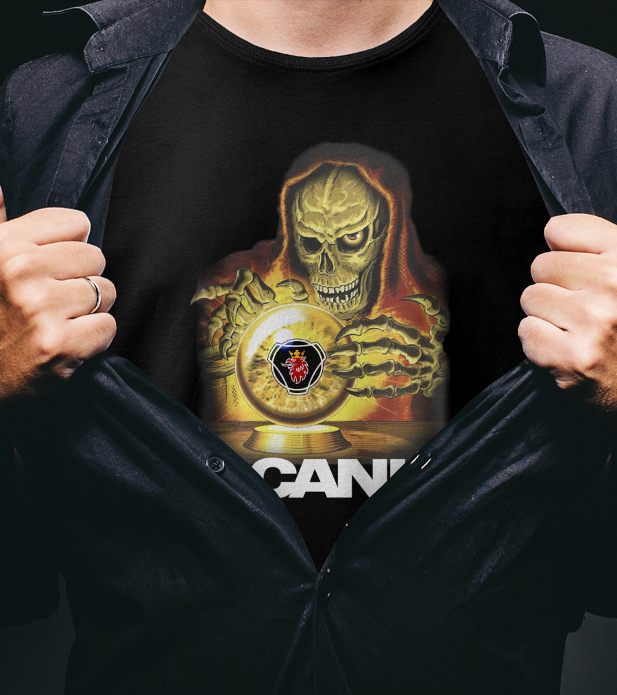 SCANIA Skeleton Hooded Figure With Crystal Ball And Red Lion Emblem T-Shirt