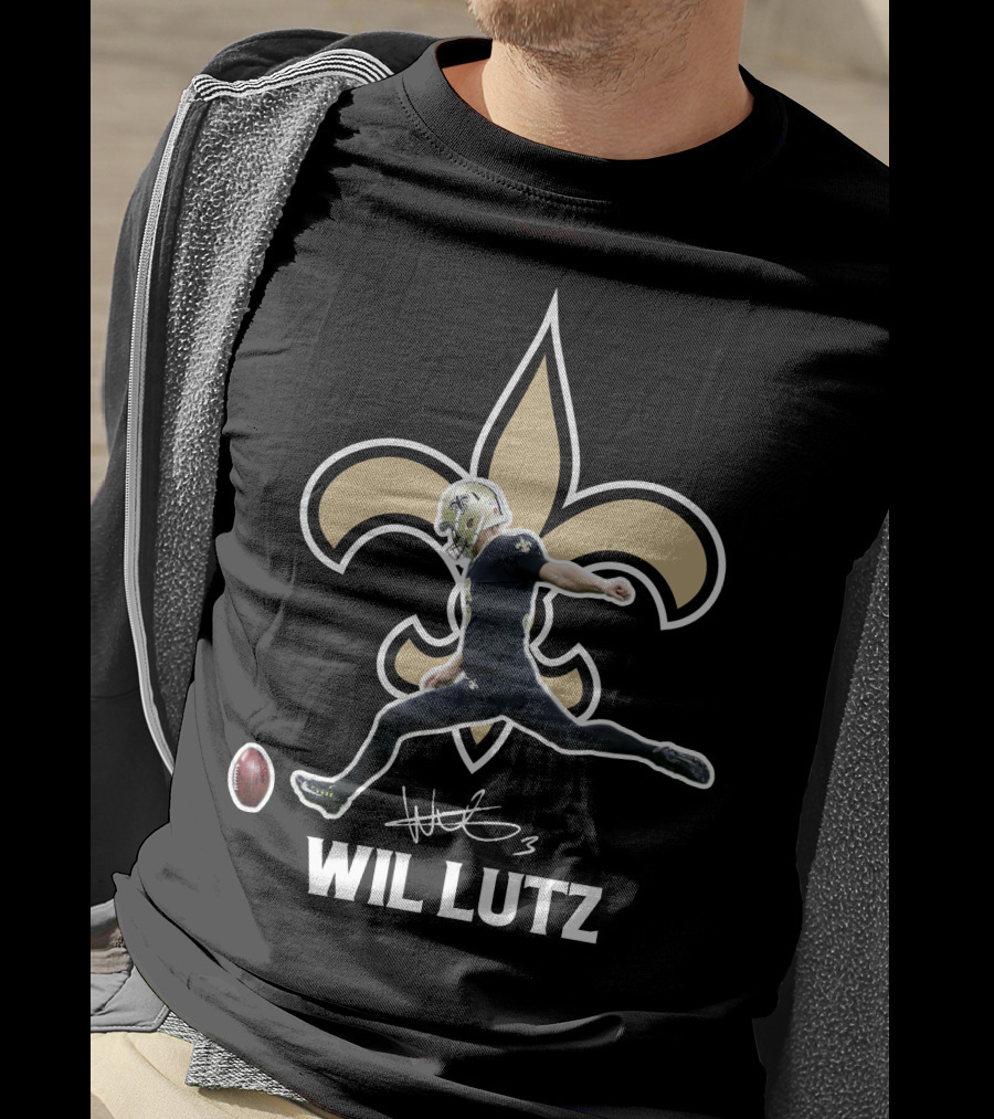 Wil Lutz New Orleans Saints Kicking Action Fleur-de-Lis T-Shirt