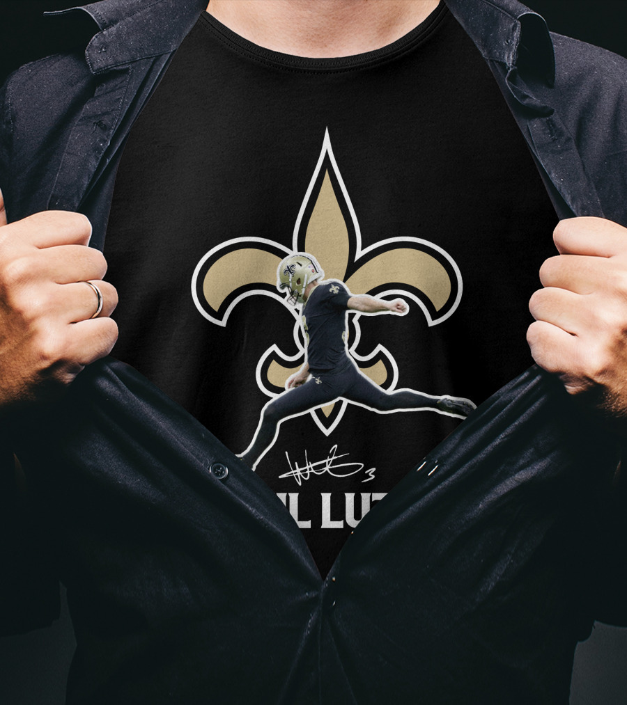 Wil Lutz New Orleans Saints Kicking Action Fleur-de-Lis T-Shirt