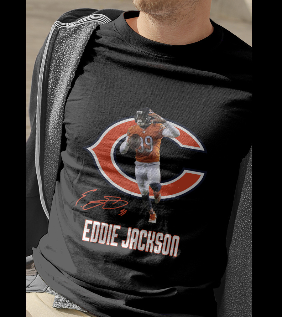 Chicago Bears Eddie Jackson 39 Signed Running Pose T-Shirt