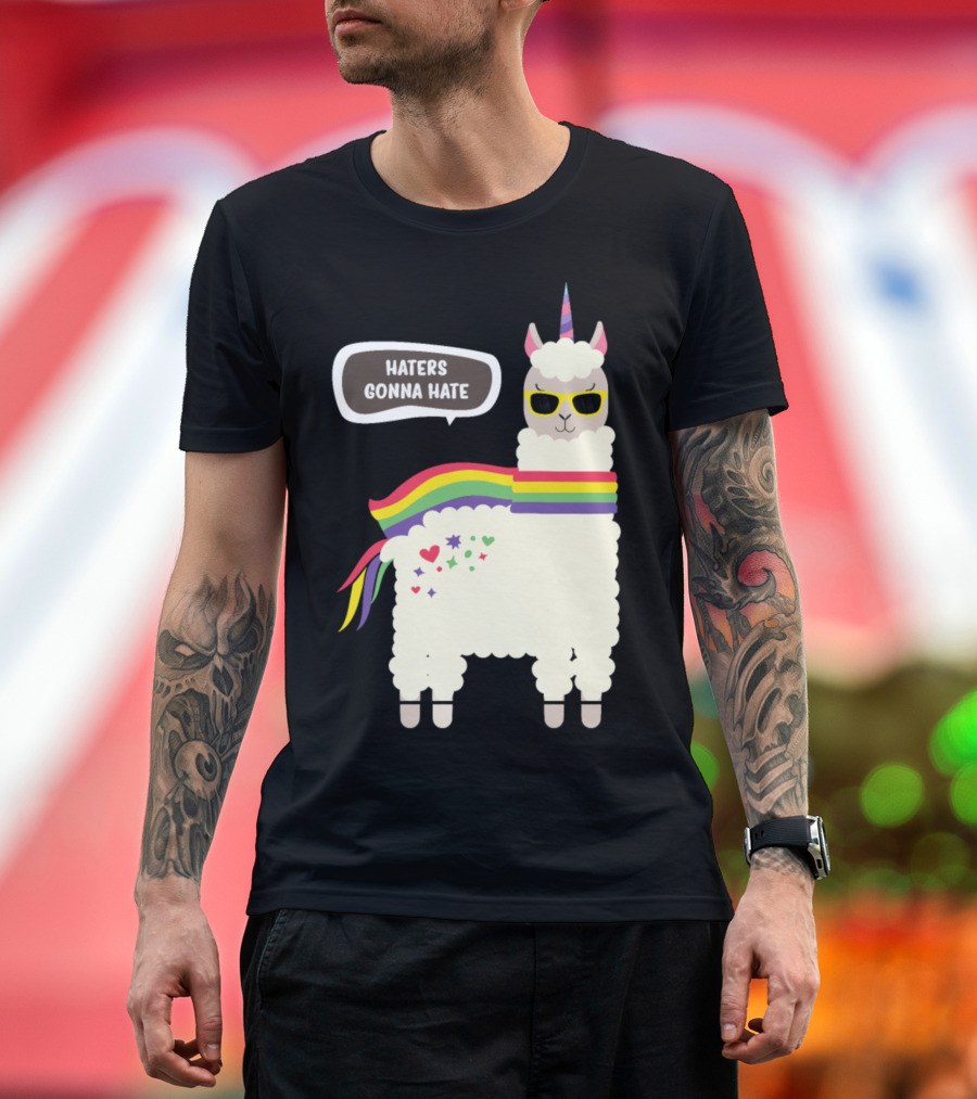 Haters Gonna Hate Rainbow Unicorn Llama with Sunglasses T-Shirt