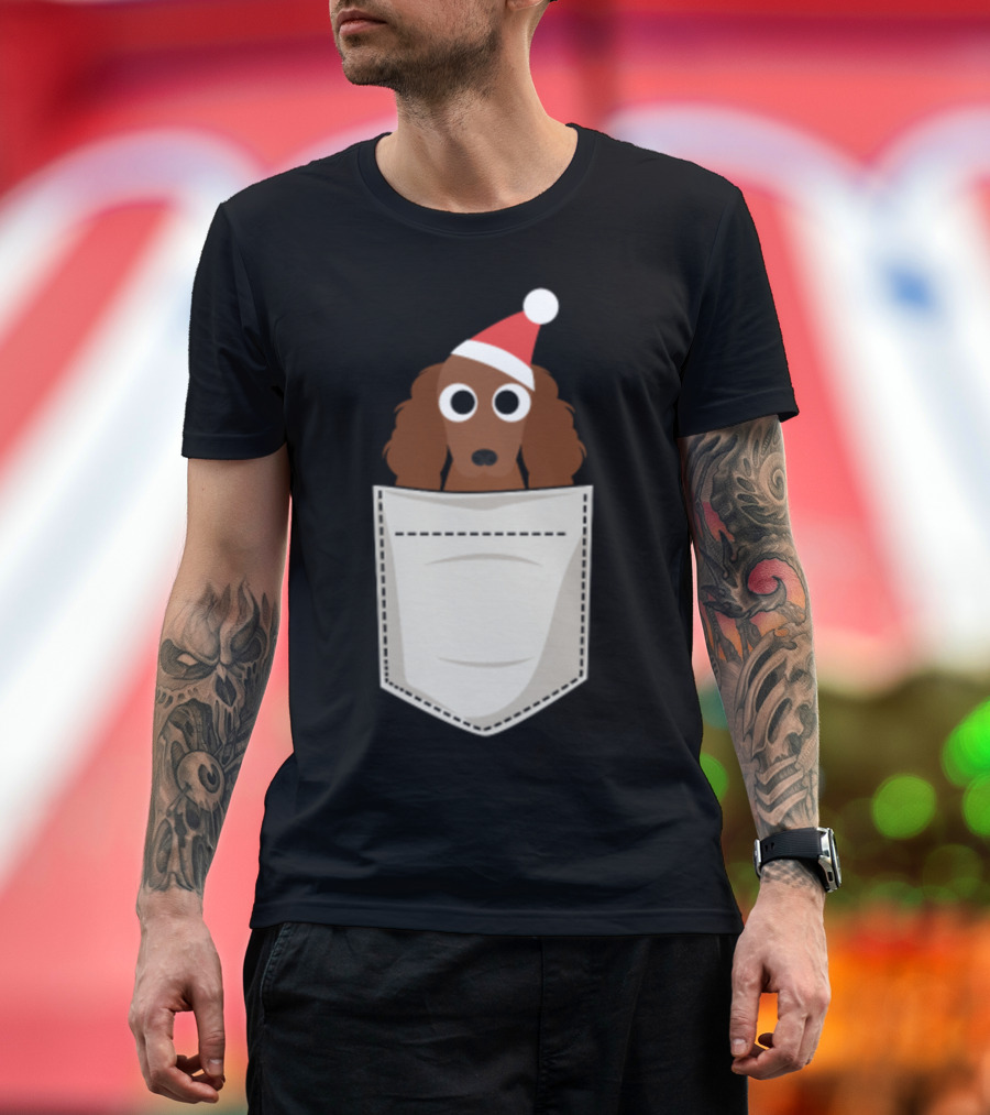 Irish Setter Santa with Christmas Hat in Pocket T-Shirt