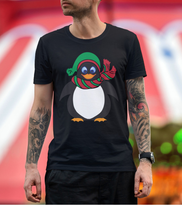 Premium T-Shirt: Christmas Penguin in Green Hat and Red Striped Scarf T-Shirt Christmas Penguin in Green Hat and Red Striped Scarf T-Shirt