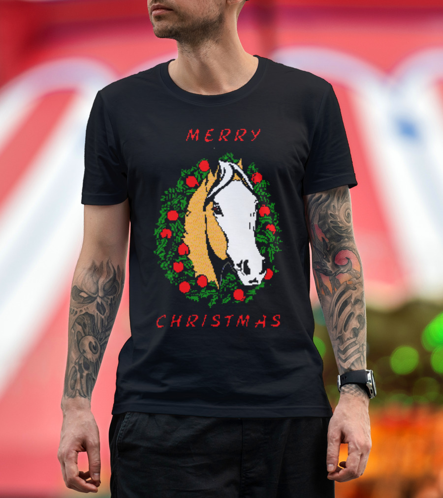 Merry Christmas Retro 16Bit Horse Wreath T-Shirt