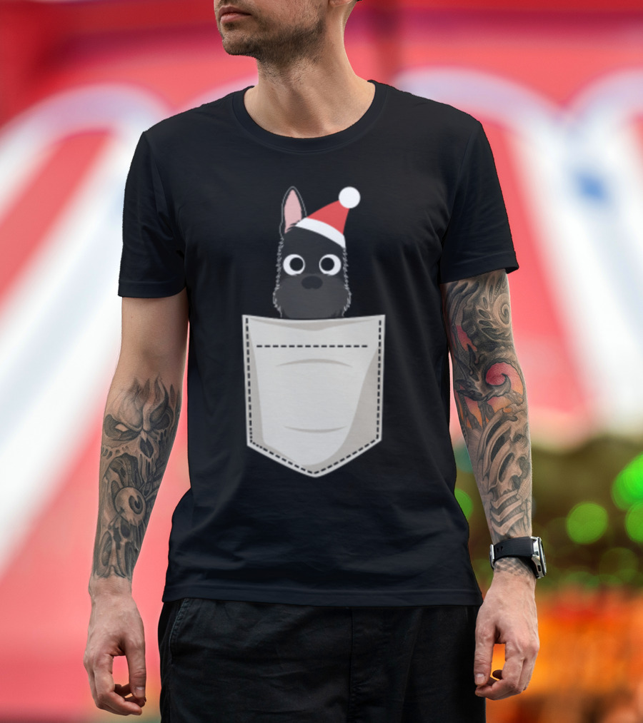 Santa Hat Scottish Terrier in Pocket T-Shirt
