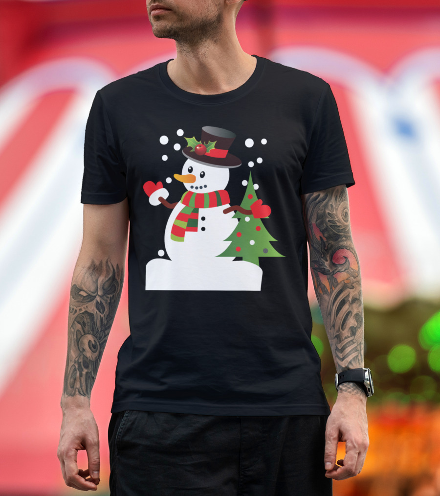 Snowman with Hat Scarf and Mittens by Christmas Tree T-Shirt