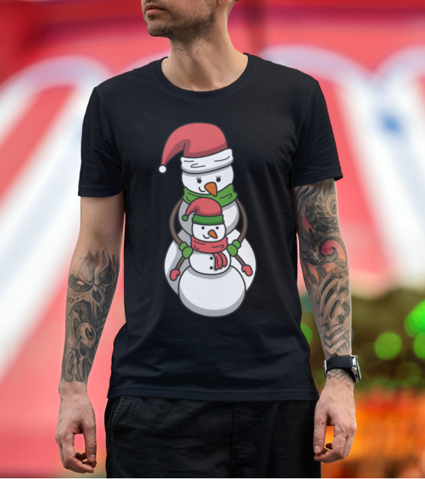 Premium T-Shirt: Snowman Mother and Child with Santa Hats and Scarves Christmas Winter T-Shirt Snowman Mother and Child with Santa Hats and Scarves Christmas Winter T-Shirt