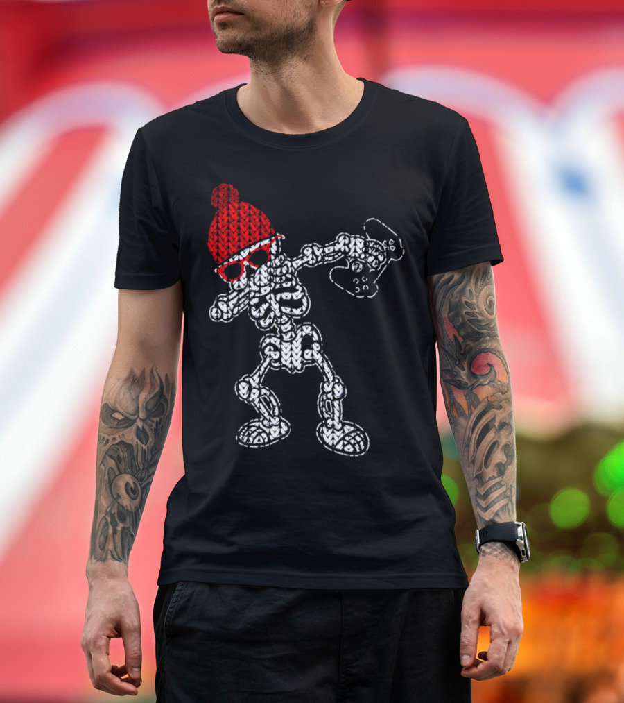 Skeleton Dabbing Video Game Controller Red Beanie Sunglasses T-Shirt