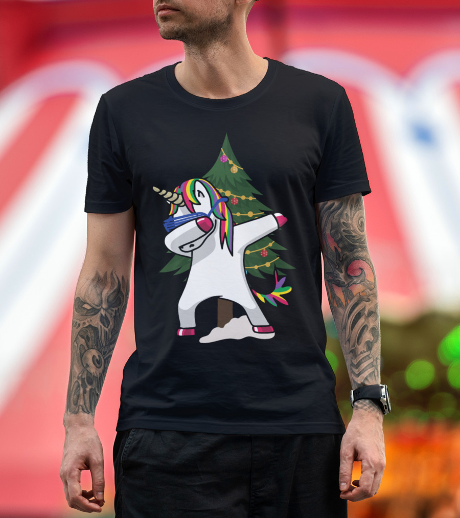 Dabbing Unicorn Christmas Tree Rainbow Mane T-Shirt