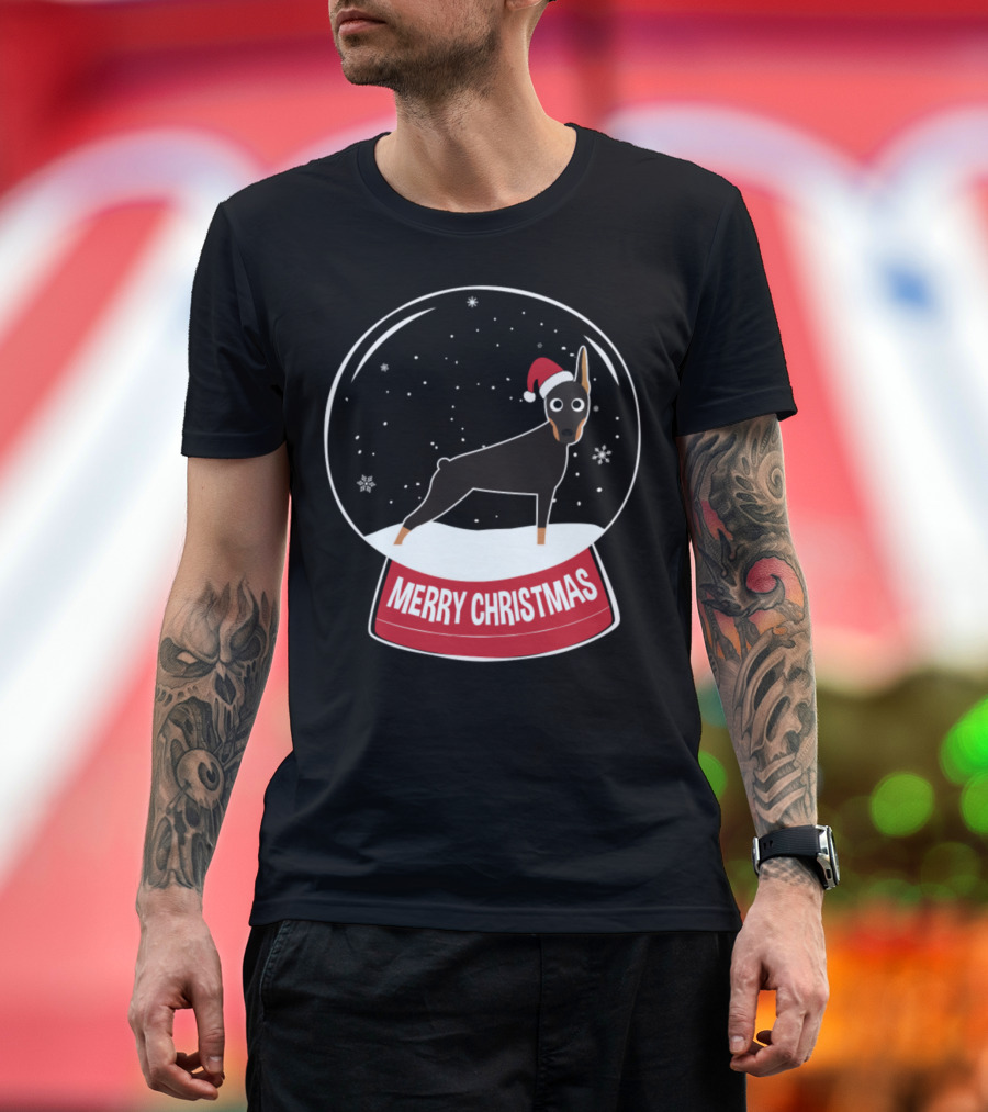 Doberman Merry Christmas Snow Globe with Santa Hat T-Shirt