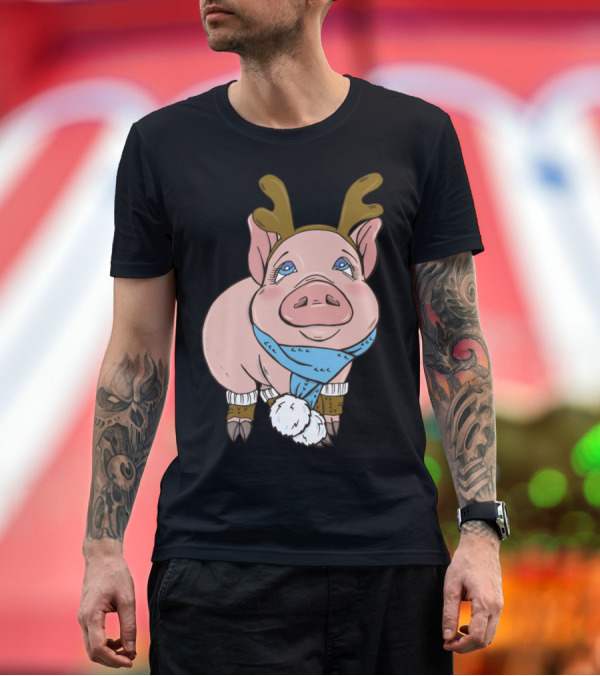 Premium T-Shirt: Funny Christmas Pig Reindeer Antlers and Scarf T-Shirt Funny Christmas Pig Reindeer Antlers and Scarf T-Shirt