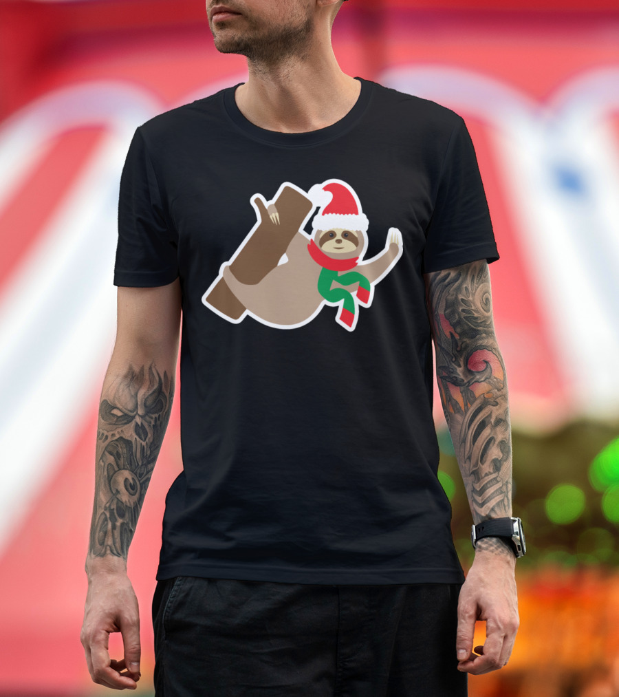 Funny Christmas Sloth Santa Hat Scarf Tree T-Shirt