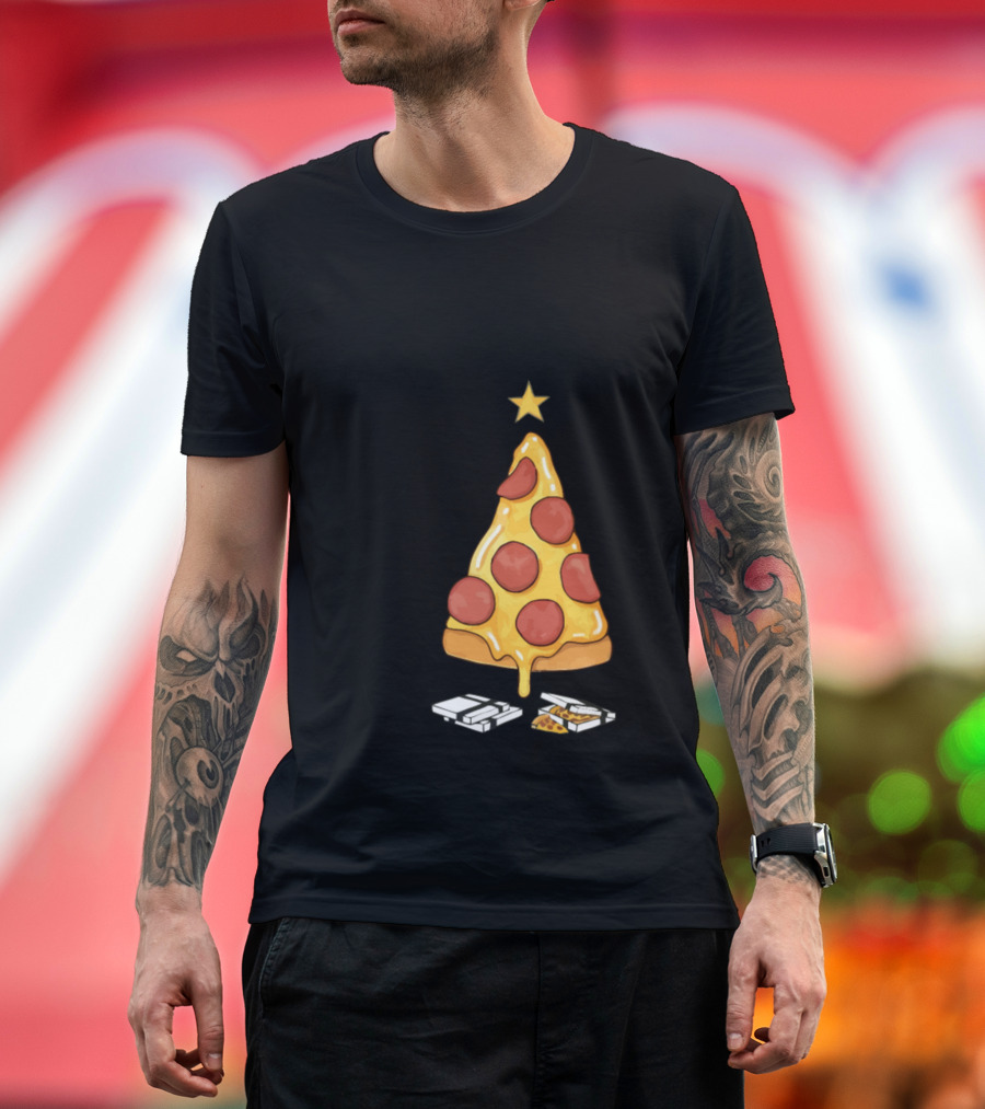 Funny Merry Christmas Pizza Tree with Pepperoni and Presents T-Shirt