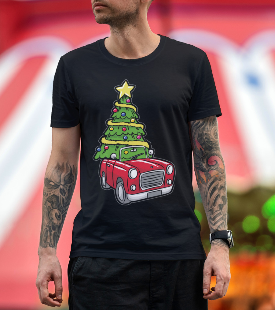 Christmas Tree on Red Car with Star and Ornaments T-Shirt
