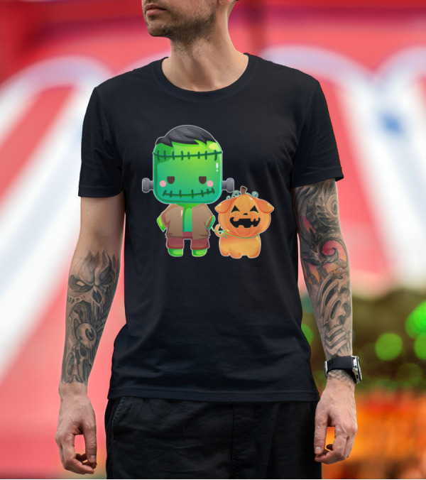 Premium T-Shirt: Frankenstein and Halloween Pumpkin Dog Duo T-Shirt Frankenstein and Halloween Pumpkin Dog Duo T-Shirt