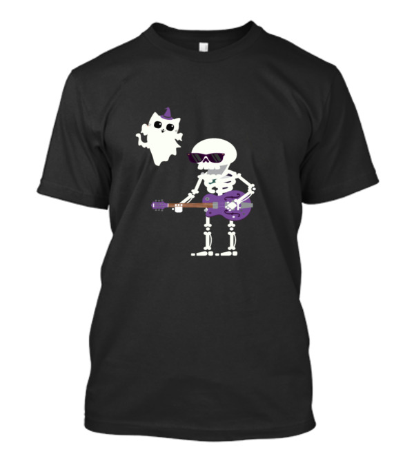 Guitarist Skeleton With Purple Guitar And Cat Ghost With Hat T-Shirt