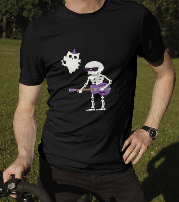 Guitarist Skeleton With Purple Guitar And Cat Ghost With Hat T-Shirt