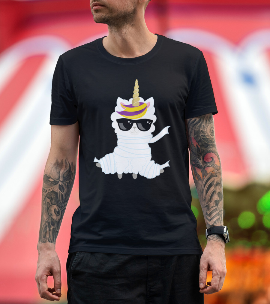 Halloween Mummy Unicorn Sheep with Sunglasses T-Shirt