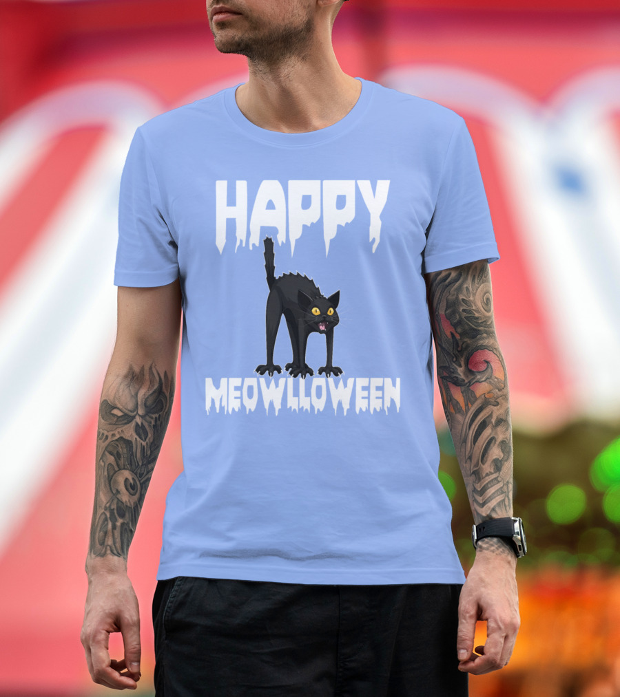 Happy Meowlloween Funny Halloween Horror Scary Black Cat T-Shirt