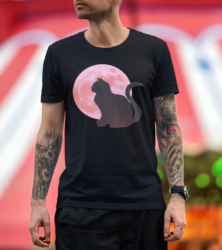 Cat Silhouette with Red Moon Goth Halloween Theme Animals T-Shirt