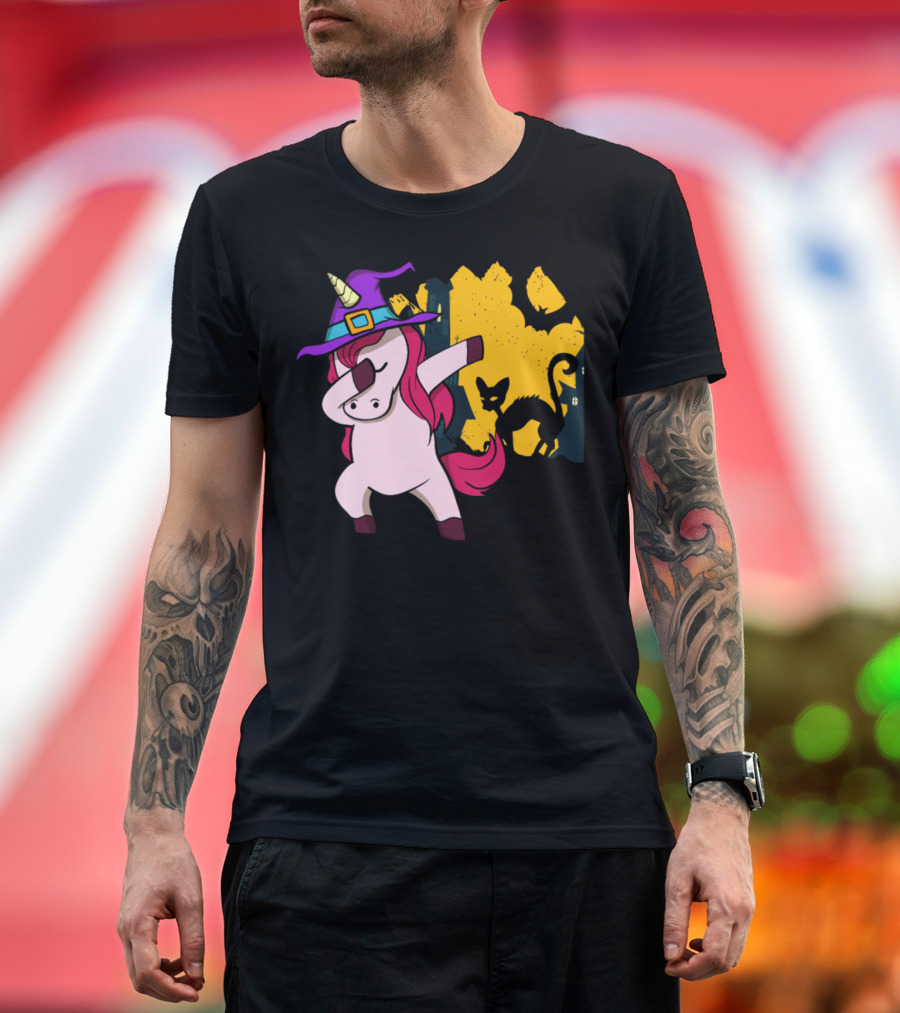 Halloween Dabbing Unicorn Witch with Bat and Cat T-Shirt