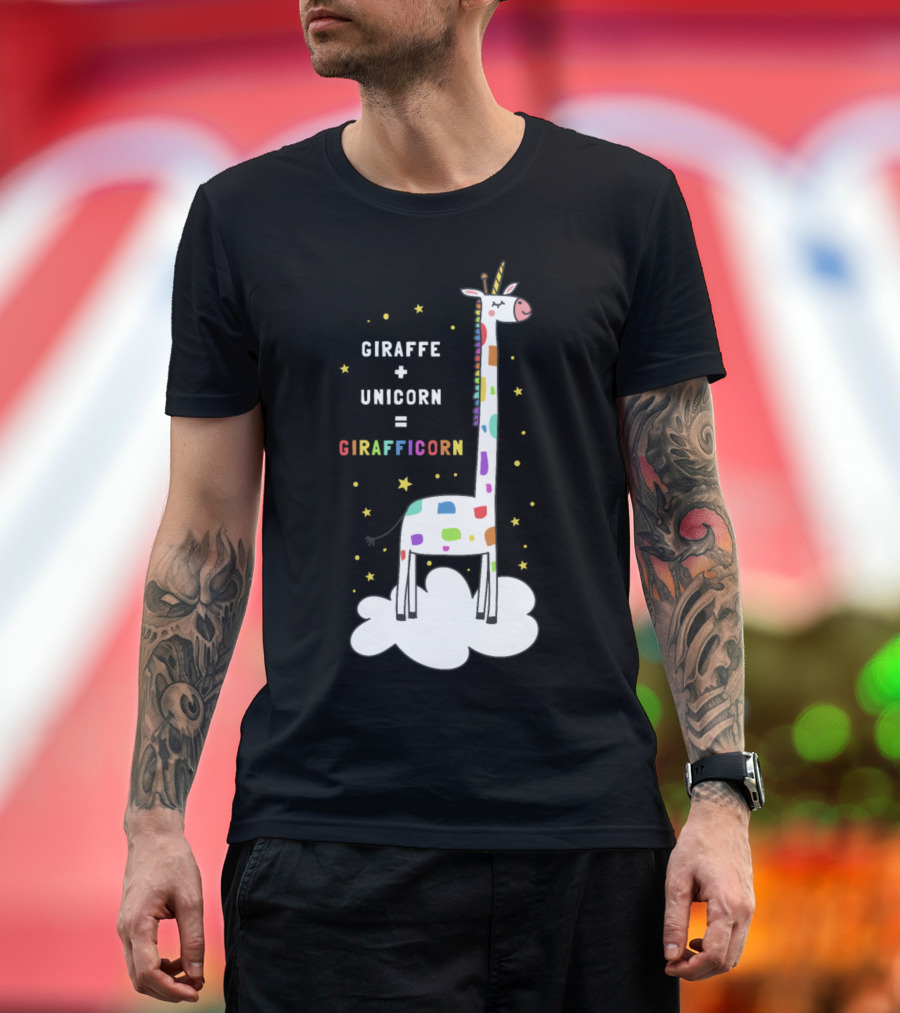 Giraffe Plus Unicorn Equals Girafficorn with Colorful Spots and Stars T-Shirt