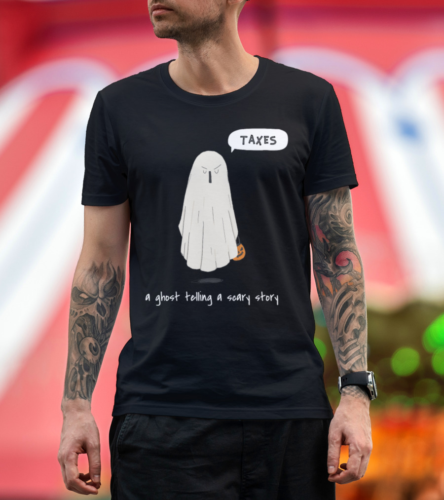 Ghost Holding Pumpkin with Speech Bubble Taxes Spooky Halloween Telling A Scary Story T-Shirt
