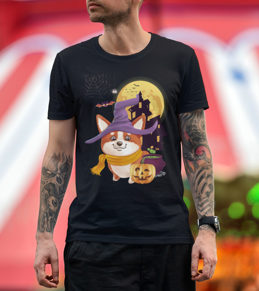 Welch Corgi Witch Halloween Pumpkin Haunted House Moon Bat T-Shirt