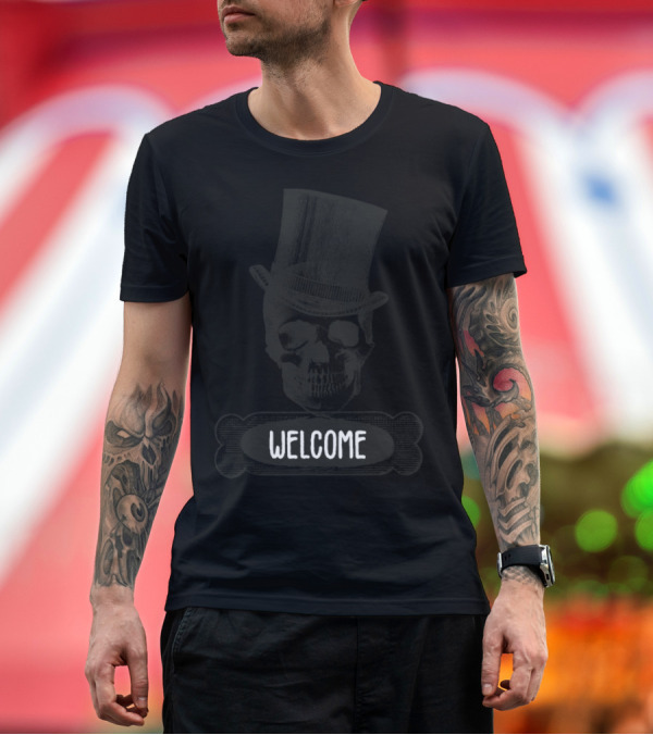 Premium T-Shirt: Welcome Sign Skull With Big Vintage Hat T-Shirt Welcome Sign Skull With Big Vintage Hat T-Shirt