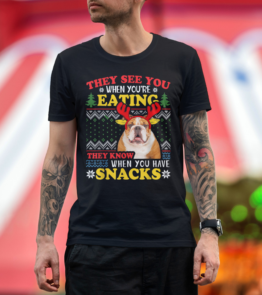 They See You When You're Eating Snacks English Bulldog Christmas T-Shirt