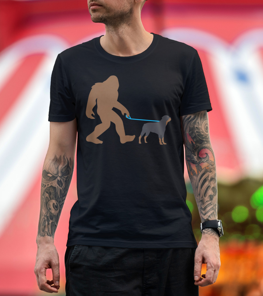 Bigfoot Walking Rottweiler Dog Sasquatch Humor T-Shirt