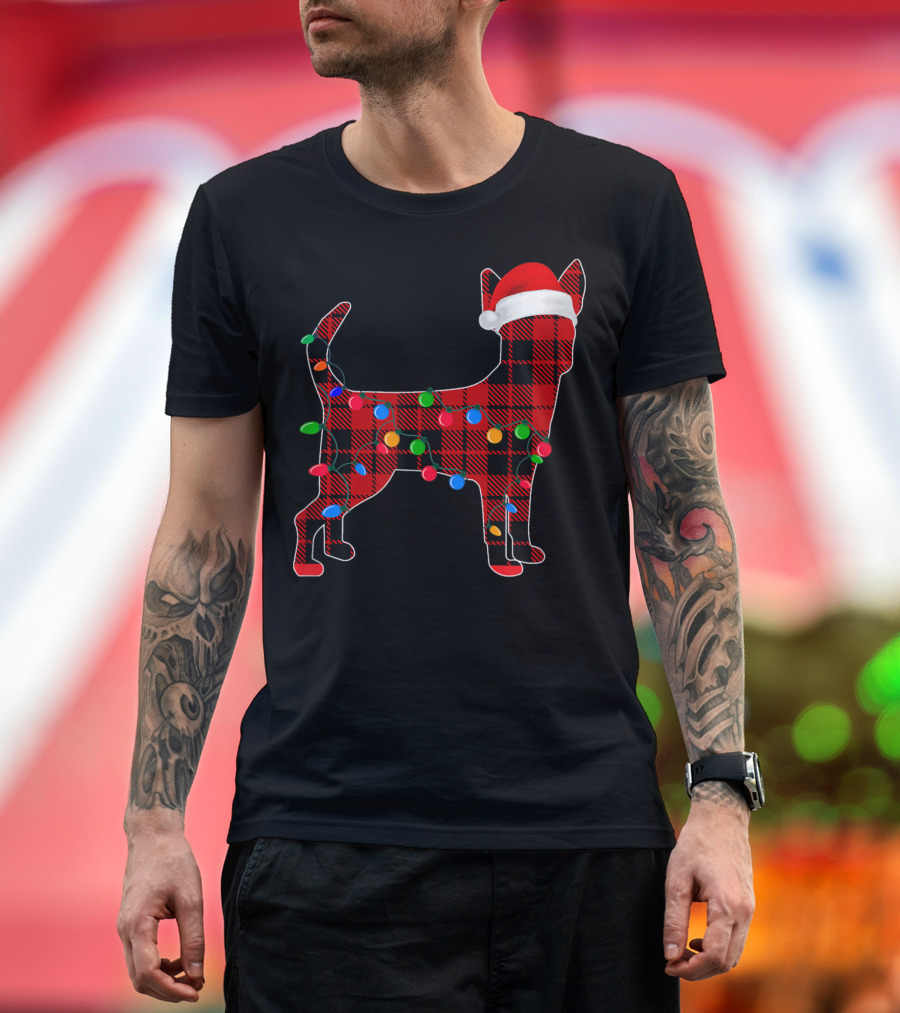 Chihuahua Red Plaid Dog Santa Hat Christmas Lights Holiday T-Shirt