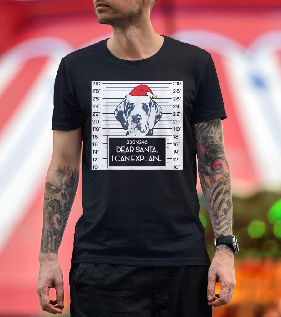 Great Dane in Santa Hat Mugshot Dear Santa I Can Explain T-Shirt