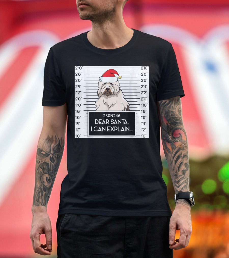 English Sheepdog Mugshot Dear Santa I Can Explain with Santa Hat T-Shirt