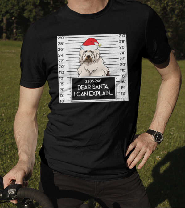 English Sheepdog Mugshot Dear Santa I Can Explain With Santa Hat T-Shirt