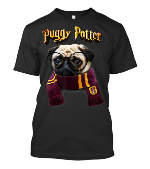 Puggy Potter Magic Wizard Pug With Glasses And Gryffindor Scarf T-Shirt