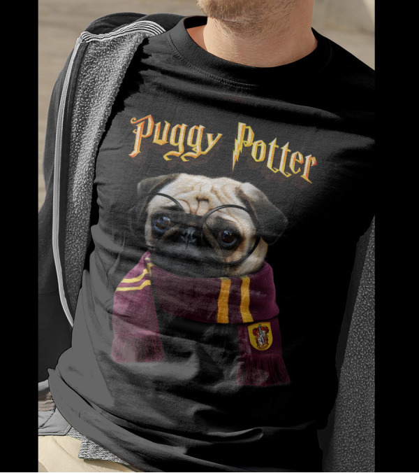 Puggy Potter Magic Wizard Pug With Glasses And Gryffindor Scarf T-Shirt