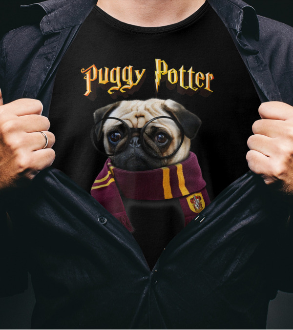 Puggy Potter Magic Wizard Pug With Glasses And Gryffindor Scarf T-Shirt