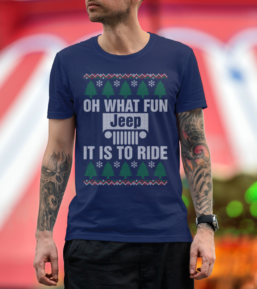 Oh What Fun Jeep It Is to Ride Christmas Sweater Trees Snowflakes T-Shirt