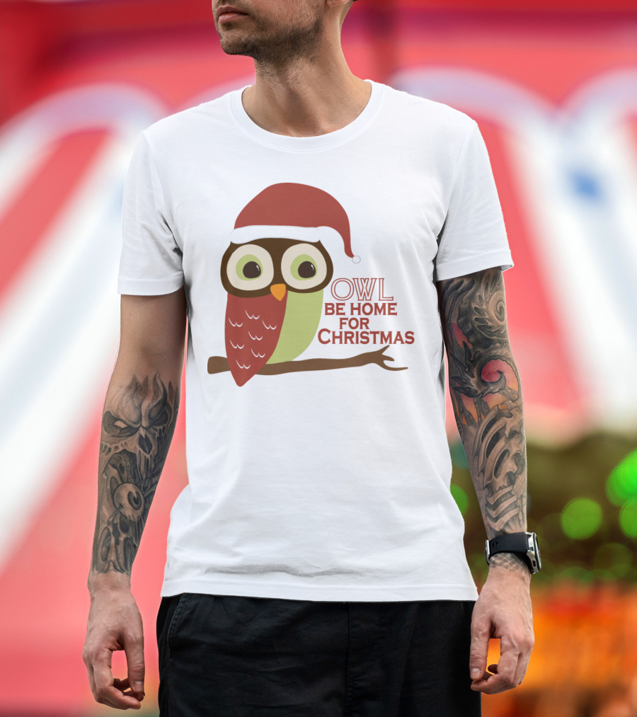 Owl Be Home for Christmas Santa Hat Owl T-Shirt